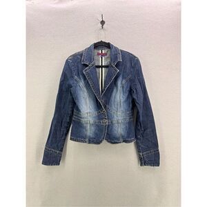 Vintage Y2K Yuka Jeans Blue Lapel Collar Snap Long Sleeve Denim Jacket Size Larg